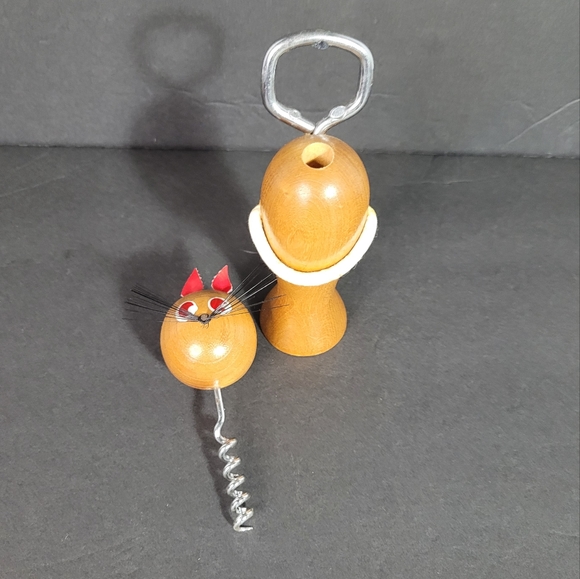 Vintage Mid Century Japanese Wooden Cat Corkscrew Bottle Opener NWOT - Picture 5 of 9